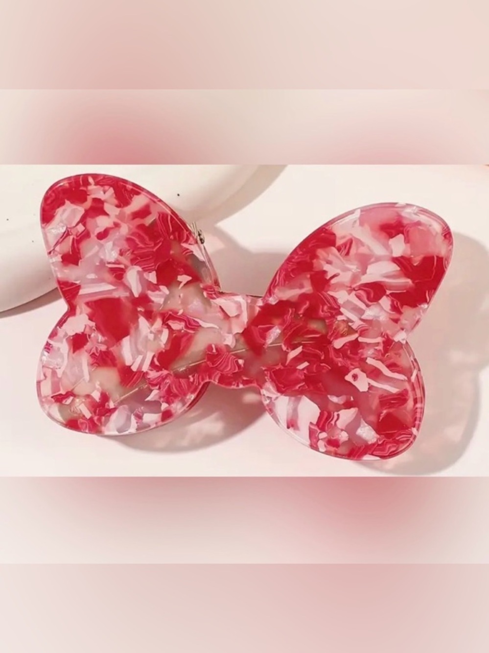 Red White Butterfly Hair Claw Clip Marbled Pattern Shell Look New
